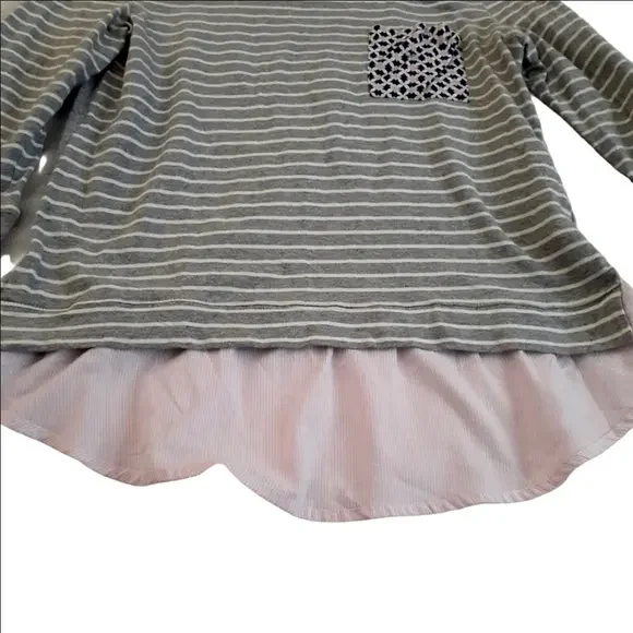 Anthropologie Little Yellow Button Women's Size M Gray Stripe Mixed Media Shirt - Picture 6 of 14